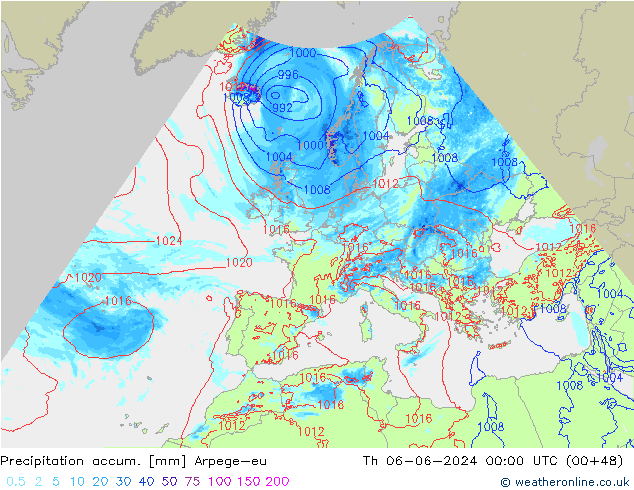 Precipitation accum. Arpege-eu Th 06.06.2024 00 UTC