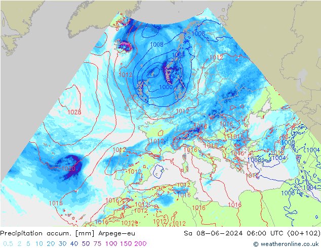 Precipitation accum. Arpege-eu Sa 08.06.2024 06 UTC