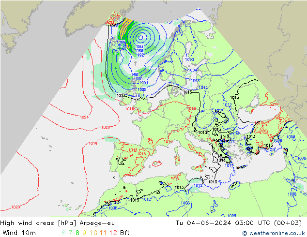 High wind areas Arpege-eu вт 04.06.2024 03 UTC