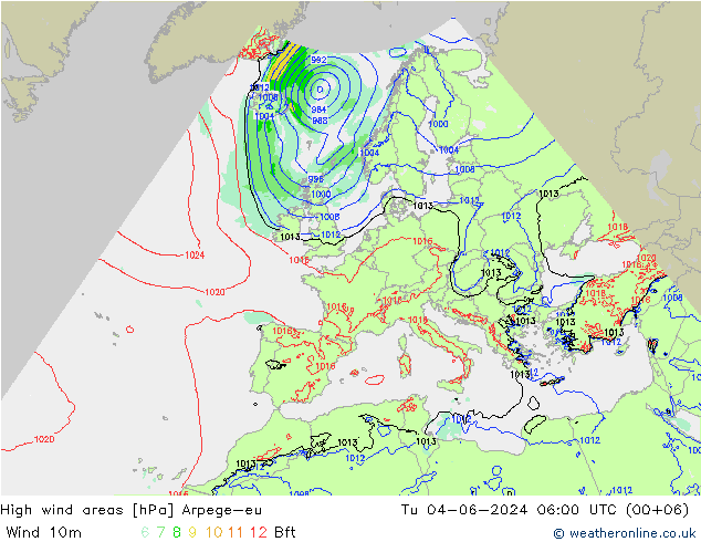 High wind areas Arpege-eu Tu 04.06.2024 06 UTC