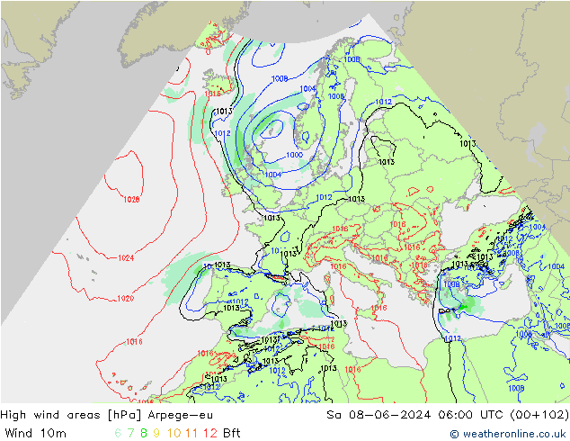 High wind areas Arpege-eu Sáb 08.06.2024 06 UTC