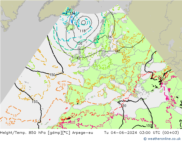 Height/Temp. 850 hPa Arpege-eu Tu 04.06.2024 03 UTC