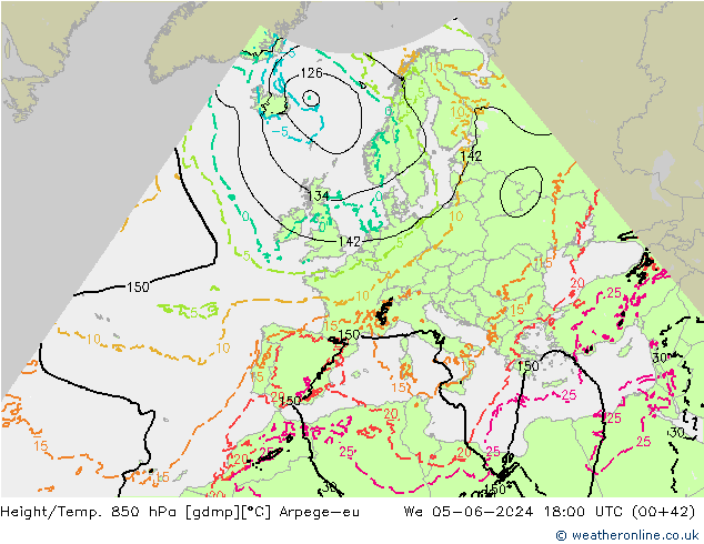 Hoogte/Temp. 850 hPa Arpege-eu wo 05.06.2024 18 UTC