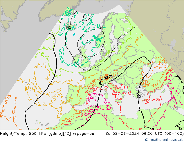 Height/Temp. 850 hPa Arpege-eu Sáb 08.06.2024 06 UTC