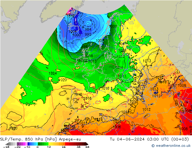 SLP/Temp. 850 hPa Arpege-eu mar 04.06.2024 03 UTC