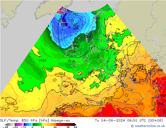 SLP/Temp. 850 hPa Arpege-eu Di 04.06.2024 06 UTC