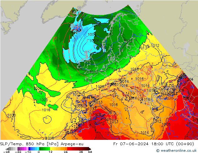 SLP/Temp. 850 hPa Arpege-eu Pá 07.06.2024 18 UTC