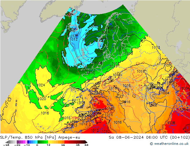 SLP/Temp. 850 hPa Arpege-eu Sa 08.06.2024 06 UTC