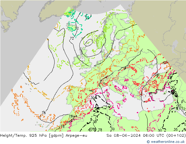 Height/Temp. 925 hPa Arpege-eu Sa 08.06.2024 06 UTC