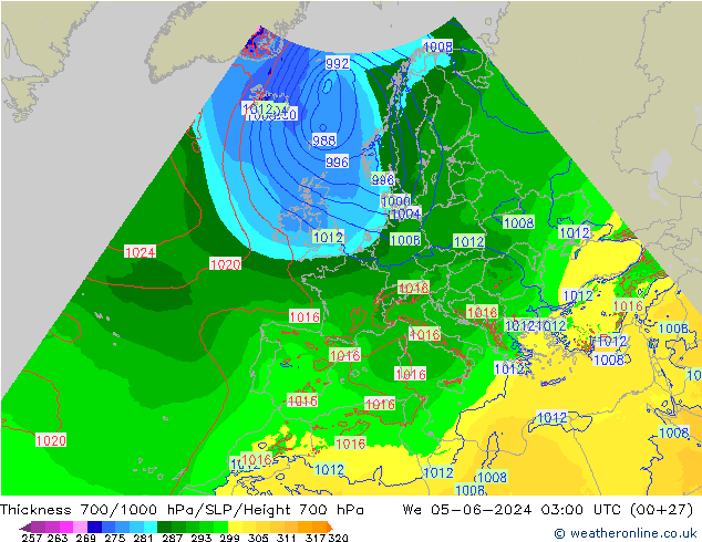 Thck 700-1000 hPa Arpege-eu We 05.06.2024 03 UTC