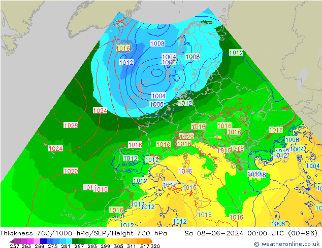 Thck 700-1000 hPa Arpege-eu sam 08.06.2024 00 UTC