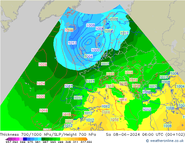 Thck 700-1000 hPa Arpege-eu Sa 08.06.2024 06 UTC