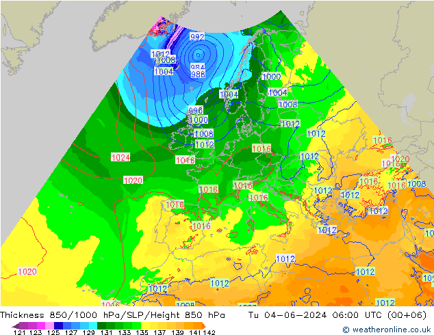 Schichtdicke 850-1000 hPa Arpege-eu Di 04.06.2024 06 UTC