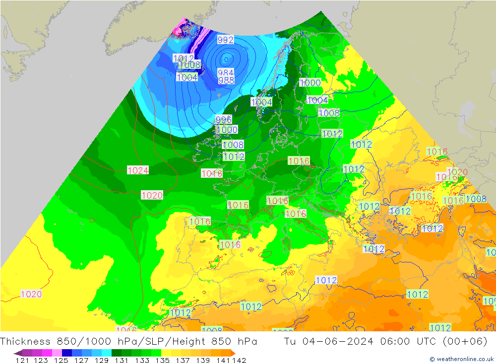 Schichtdicke 850-1000 hPa Arpege-eu Di 04.06.2024 06 UTC