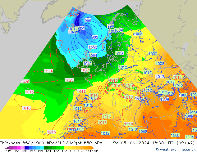 Dikte 850-1000 hPa Arpege-eu wo 05.06.2024 18 UTC