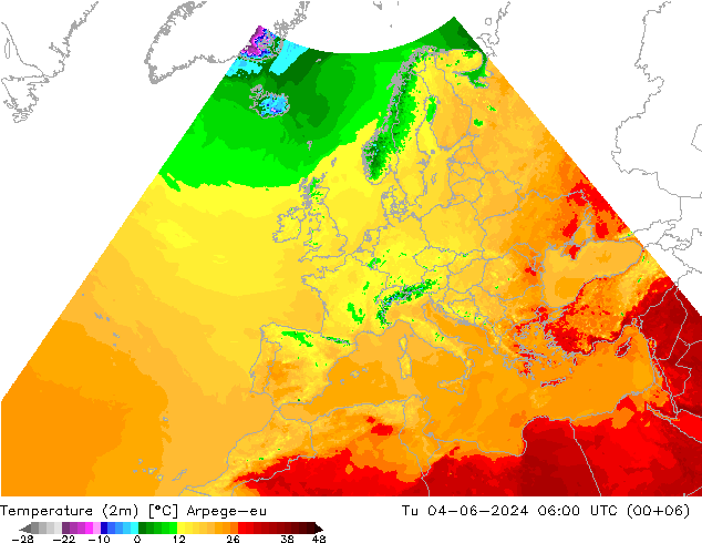 Temperatura (2m) Arpege-eu mar 04.06.2024 06 UTC