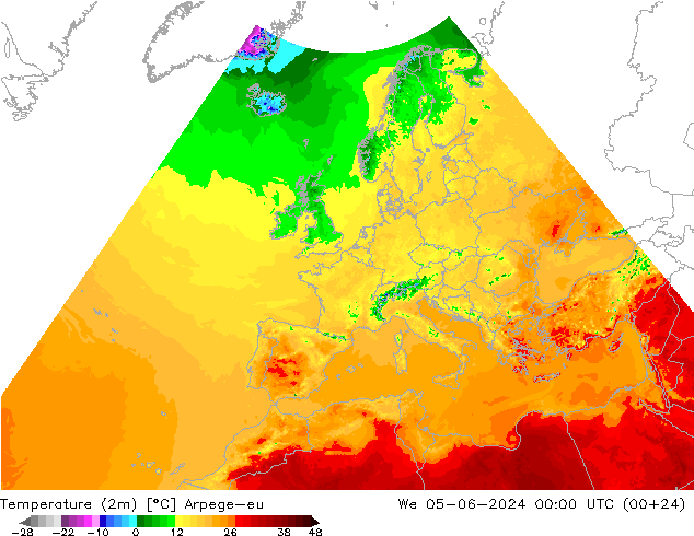 Temperatura (2m) Arpege-eu mer 05.06.2024 00 UTC