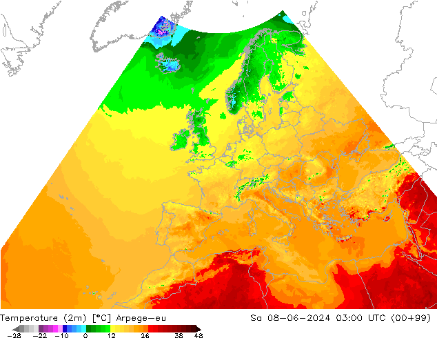 Temperaturkarte (2m) Arpege-eu Sa 08.06.2024 03 UTC