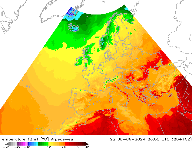 température (2m) Arpege-eu sam 08.06.2024 06 UTC