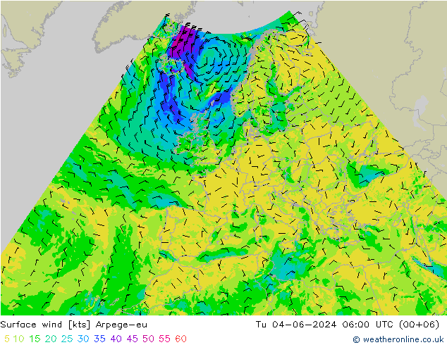 Surface wind Arpege-eu Tu 04.06.2024 06 UTC