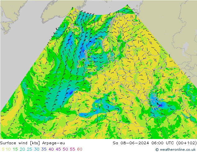 wiatr 10 m Arpege-eu so. 08.06.2024 06 UTC