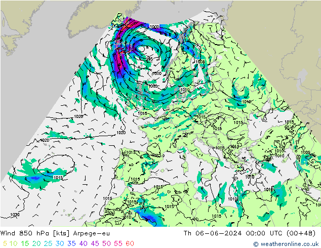 ветер 850 гПа Arpege-eu чт 06.06.2024 00 UTC