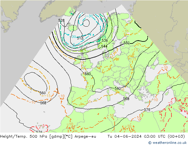 Hoogte/Temp. 500 hPa Arpege-eu di 04.06.2024 03 UTC