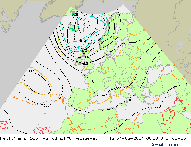 Yükseklik/Sıc. 500 hPa Arpege-eu Sa 04.06.2024 06 UTC