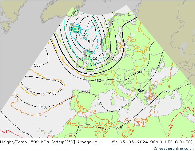 Hoogte/Temp. 500 hPa Arpege-eu wo 05.06.2024 06 UTC