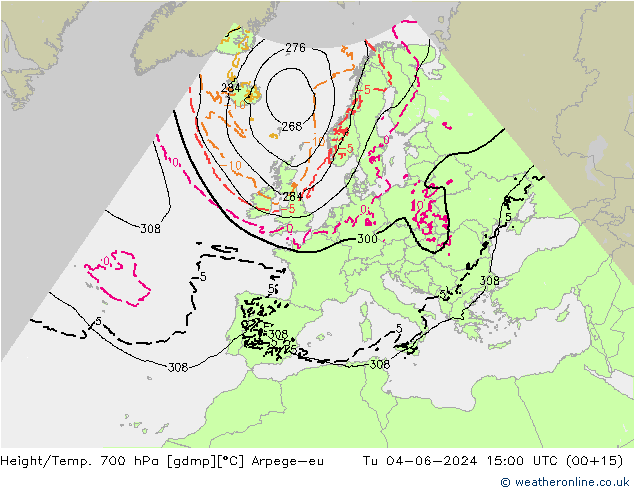 Height/Temp. 700 hPa Arpege-eu Tu 04.06.2024 15 UTC