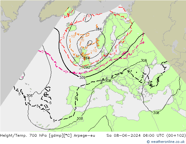 Height/Temp. 700 hPa Arpege-eu so. 08.06.2024 06 UTC