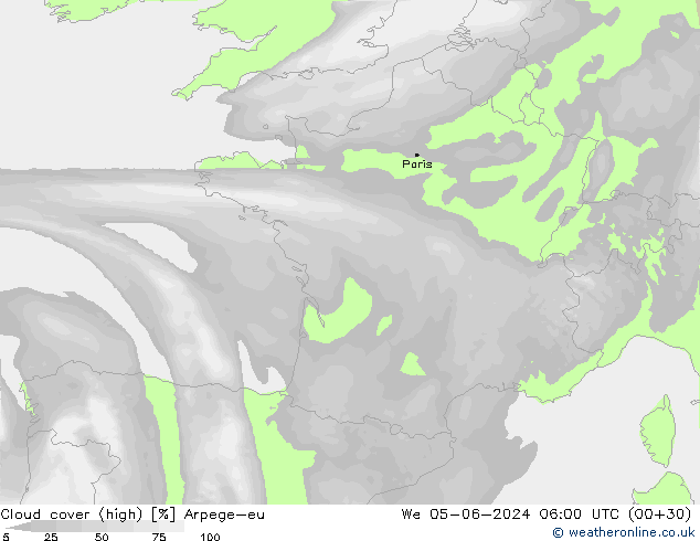 Cloud cover (high) Arpege-eu We 05.06.2024 06 UTC