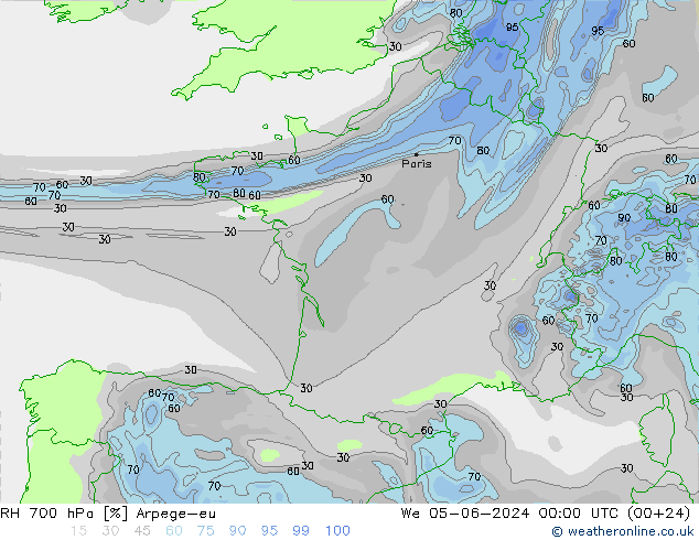 RH 700 гПа Arpege-eu ср 05.06.2024 00 UTC