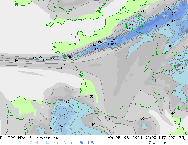 700 hPa Nispi Nem Arpege-eu Çar 05.06.2024 09 UTC