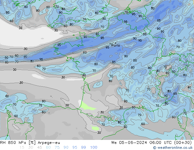 850 hPa Nispi Nem Arpege-eu Çar 05.06.2024 06 UTC