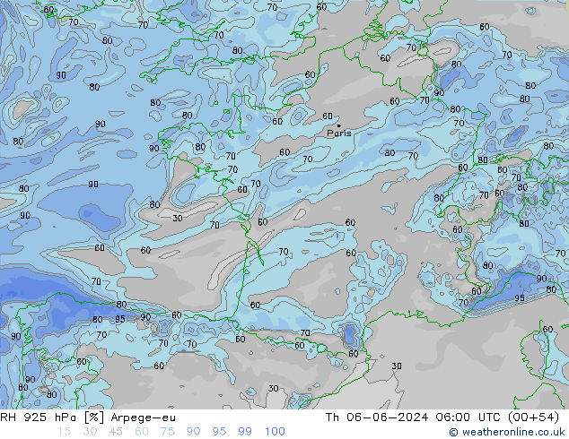 RH 925 hPa Arpege-eu Do 06.06.2024 06 UTC