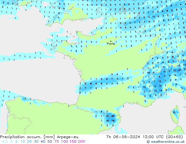 Precipitation accum. Arpege-eu Th 06.06.2024 12 UTC