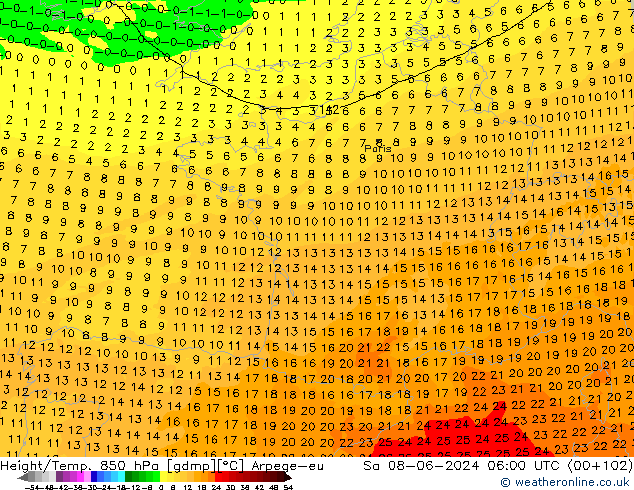 Géop./Temp. 850 hPa Arpege-eu sam 08.06.2024 06 UTC