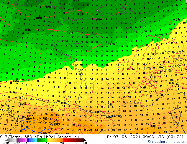 SLP/Temp. 850 hPa Arpege-eu Fr 07.06.2024 00 UTC