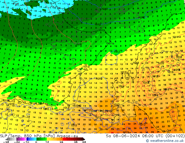 SLP/Temp. 850 hPa Arpege-eu so. 08.06.2024 06 UTC