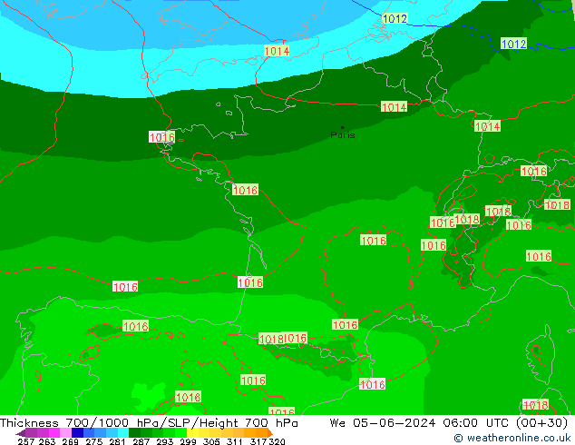 Thck 700-1000 hPa Arpege-eu St 05.06.2024 06 UTC