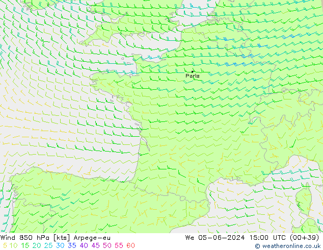 Wind 850 hPa Arpege-eu We 05.06.2024 15 UTC