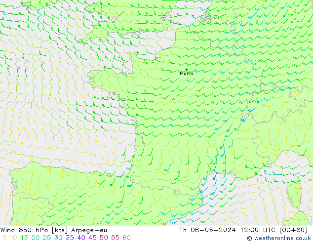 Wind 850 hPa Arpege-eu Th 06.06.2024 12 UTC