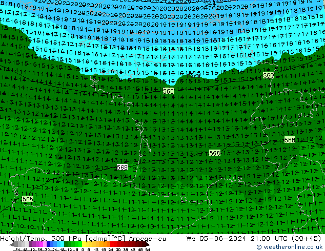 Height/Temp. 500 hPa Arpege-eu mer 05.06.2024 21 UTC