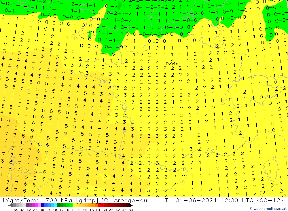 Height/Temp. 700 hPa Arpege-eu Tu 04.06.2024 12 UTC