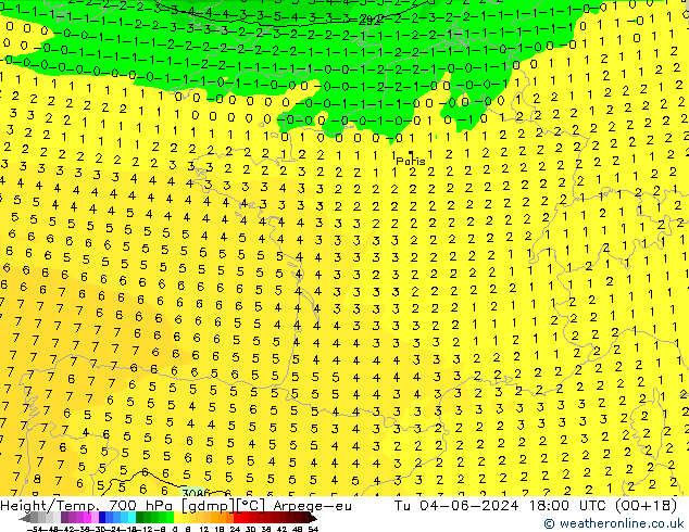 Height/Temp. 700 hPa Arpege-eu  04.06.2024 18 UTC