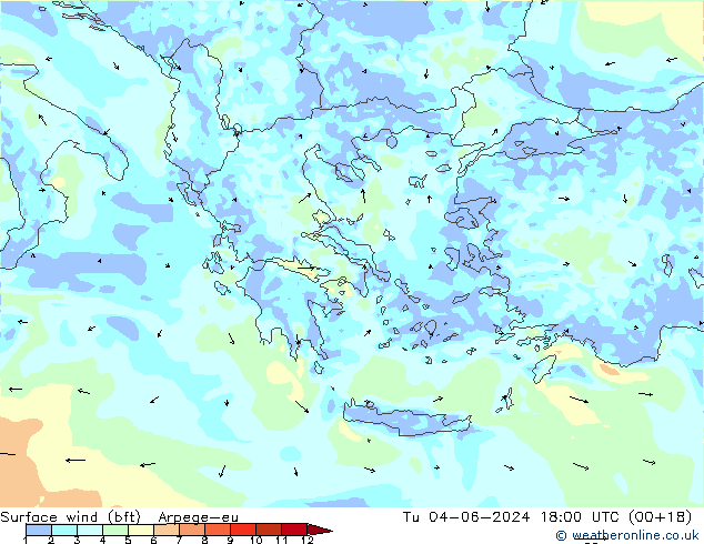 Vento 10 m (bft) Arpege-eu Ter 04.06.2024 18 UTC