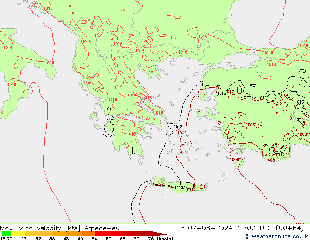 Max. wind velocity Arpege-eu Fr 07.06.2024 12 UTC