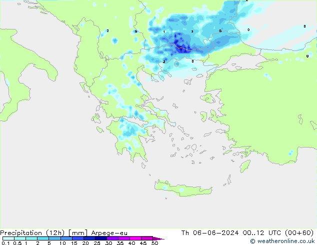 осадки (12h) Arpege-eu чт 06.06.2024 12 UTC