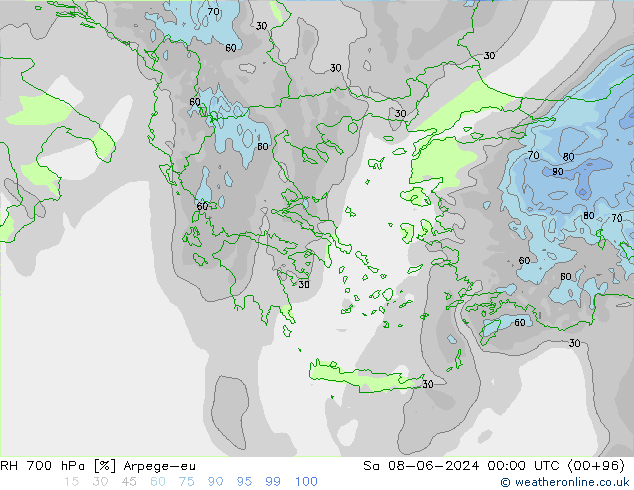 RH 700 hPa Arpege-eu Sa 08.06.2024 00 UTC